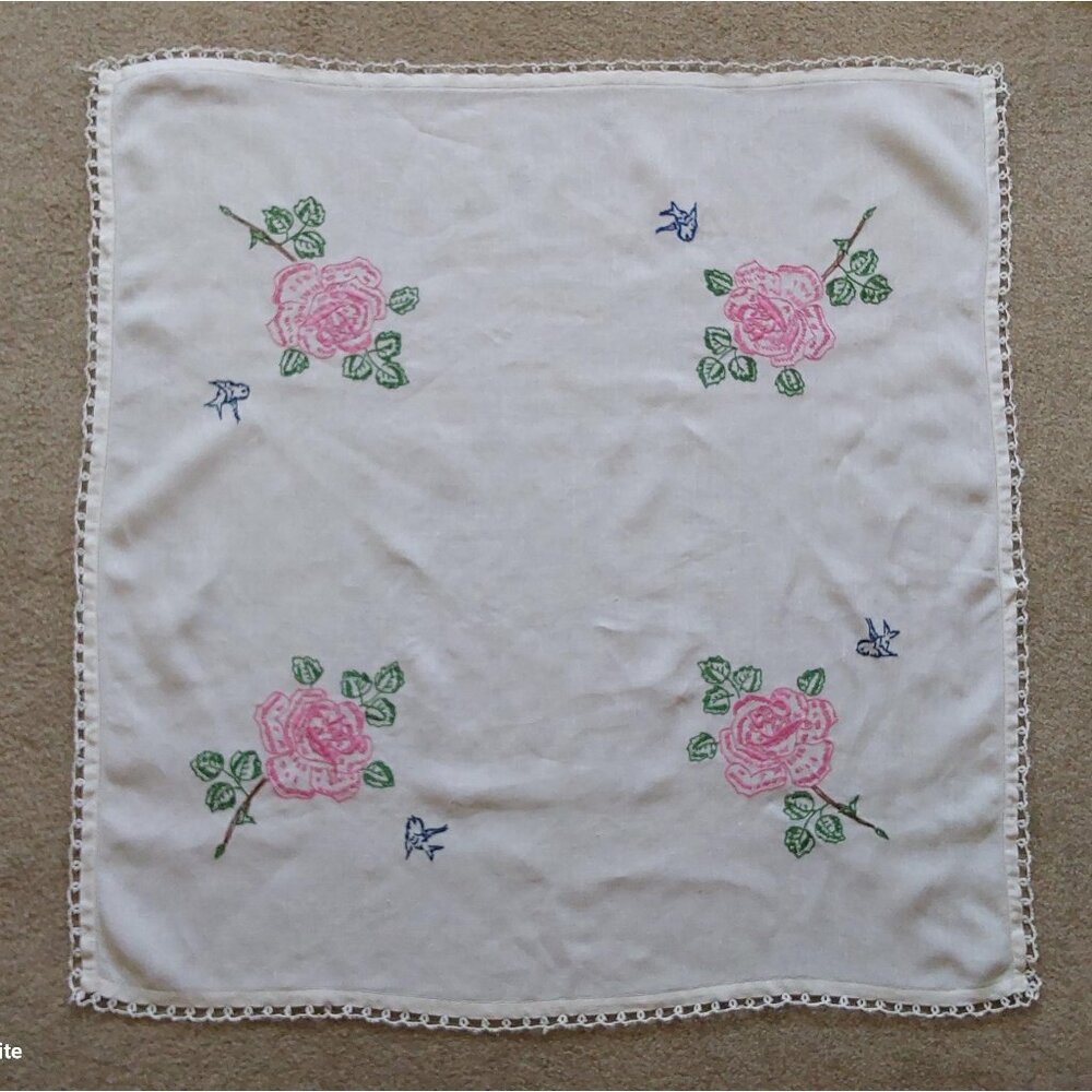 Hand embroidered white square cotton tablecloth pink roses blue birds lace edge